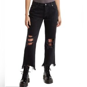 Free People Maggie Destroyed Crop Straight Leg Jeans Onyx Black New